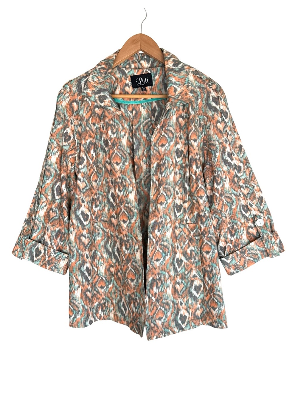 Luii Ikat print open front boho lightweight blacker jacket earthy tones LARGE